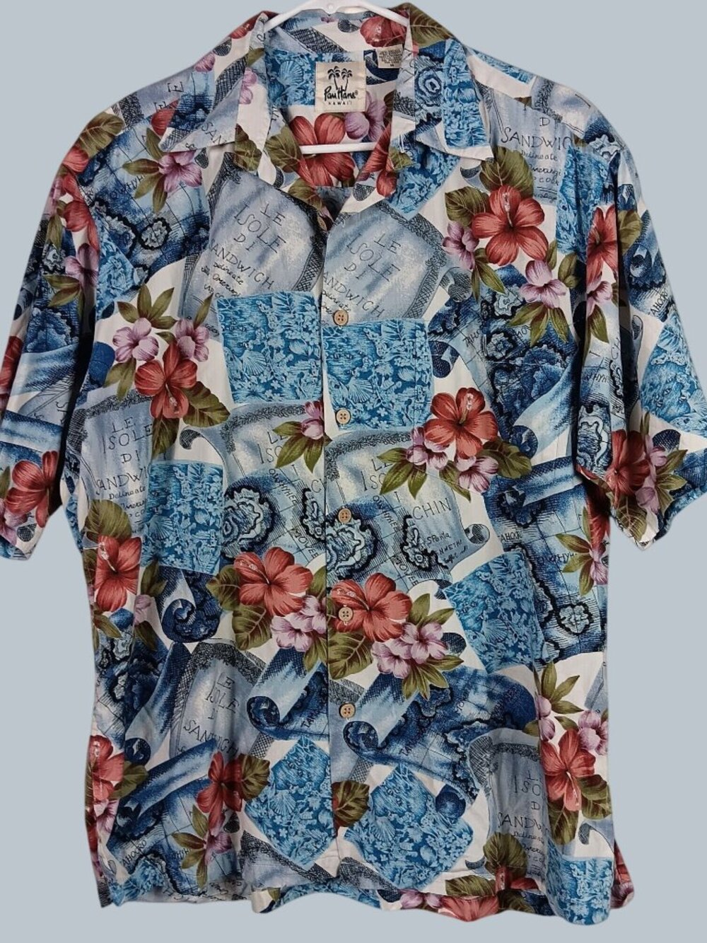 Vintage Hibiscus Floral Hawaiian Shirt Mens M Blue Aloha Coastal Tropical 90s